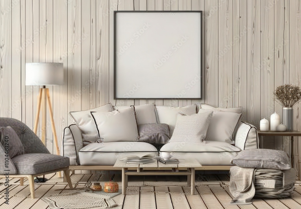 Minimalist living room interior with a large blank canvas. grey armchair. sofa and wooden floor Minimalist living room interior with a large blank canvas. grey armchair. sofa and wooden floor