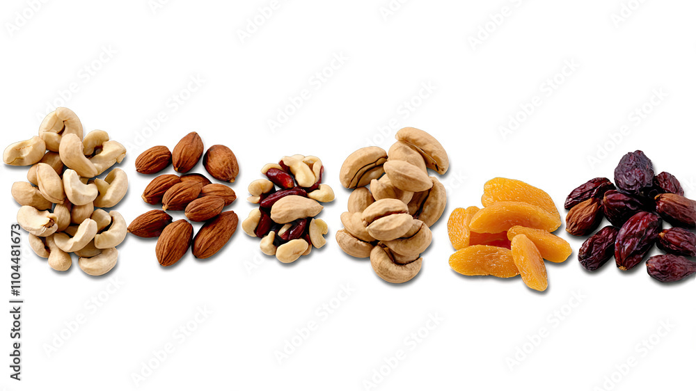 Row of Nuts and Dried Fruits Isolated
Row of Nuts and Dried Fruits Isolated