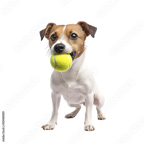 Jack russell terrier delicately grasping a tennis ball in its mouth, set against a transparent background