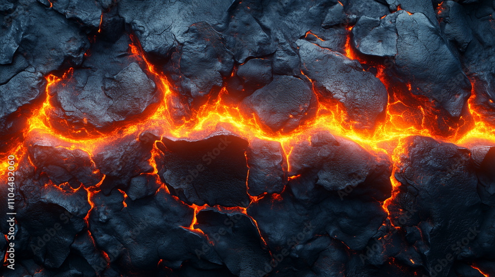 Close-up of molten lava flowing through cracked black rocks creating a fiery contrast Close-up of molten lava flowing through cracked black rocks creating a fiery contrast