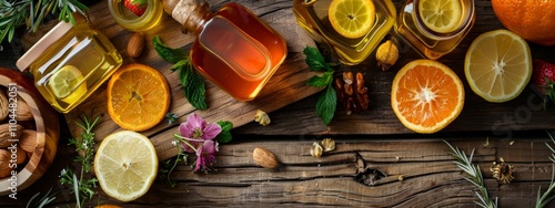 Herbal oils and fresh citrus slices on rustic wooden surface photo