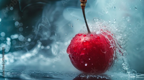 Splashing red cherry in water with vibrant motion photo