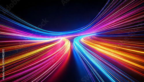 Vivid light trails in various colors converge and flow together on a dark background, creating a dynamic and energetic visual