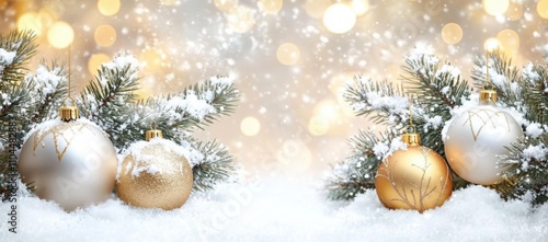Christmas white decoration and spruce tree close up, bokeh lights background. Merry Christmas and Happy Holidays greeting card, frame, banner. New Year. Noel. Winter festive xmas theme.