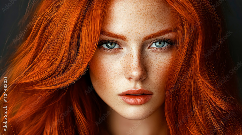 Captivating beauty with flowing red hair and striking blue eyes radiates charm against a dark background in this stunning portrait taken in a serene indoor setting Captivating beauty with flowing red hair and striking blue eyes radiates charm against a dark background in this stunning portrait taken in a serene indoor setting