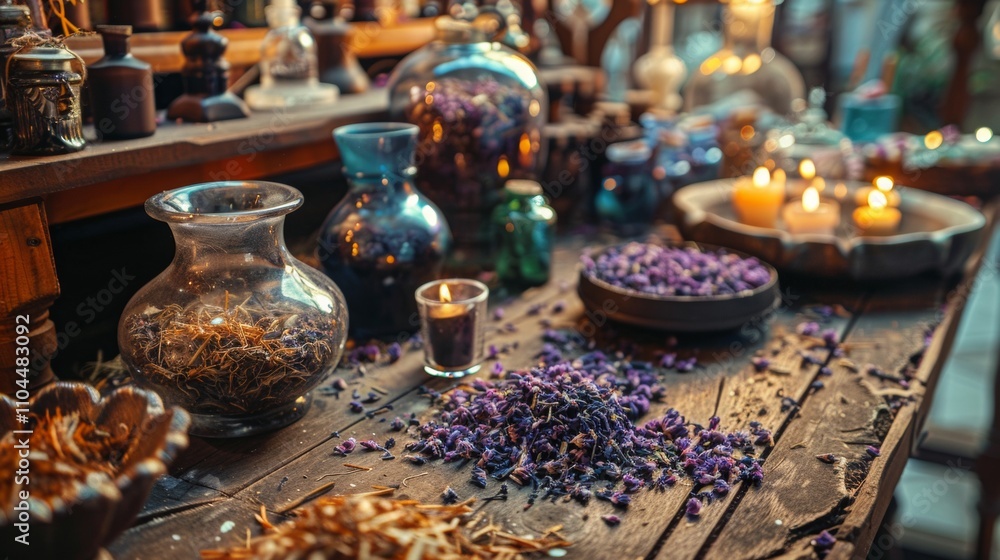 Fototapeta premium Herbs and flowers on a rustic table with candles