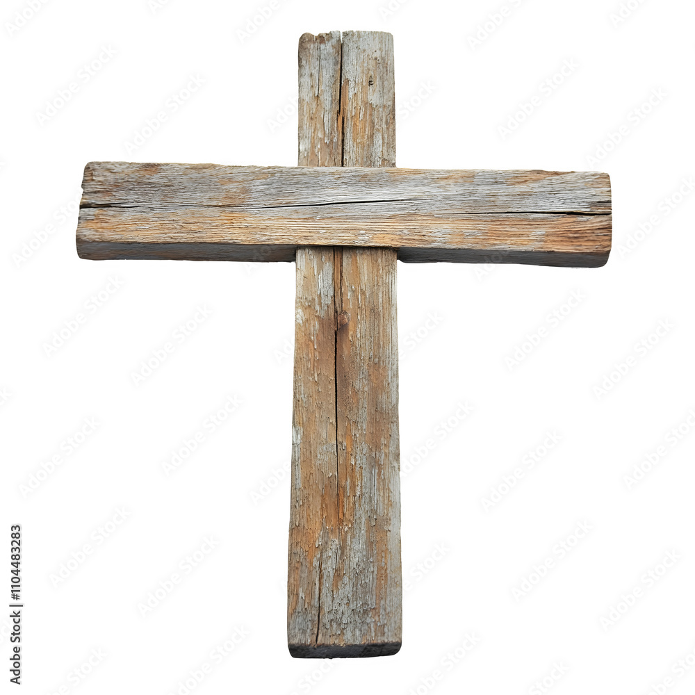 Fototapeta premium Weathered wooden cross isolated on transparent background, symbolizing faith, history, and remembrance