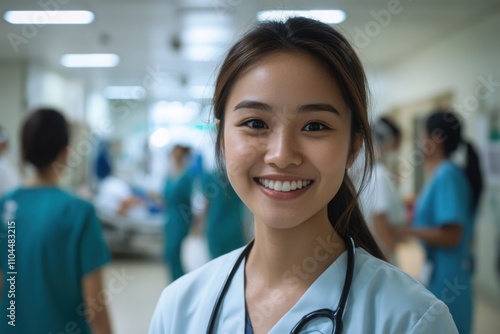 Close portrait of a smiling young Filipino woman doctor looking at the camera, Filipino hospital blurred background Free Download Close portrait of a smiling young Filipino woman doctor looking at the camera, Filipino hospital blurred background - GFXLoad