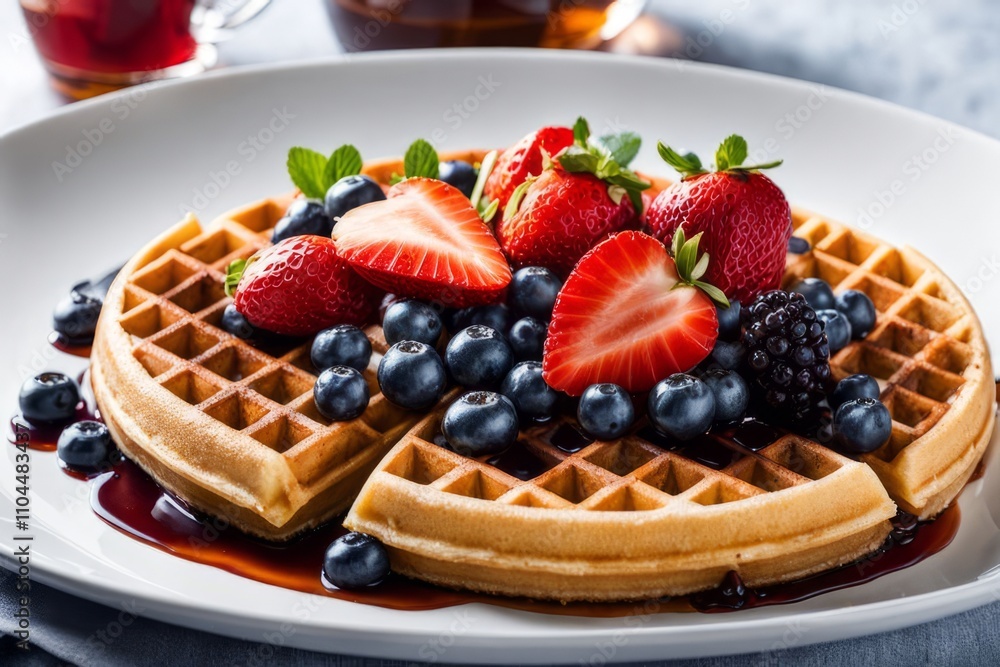 Mouthwatering waffle topped with an array of juicy berries. Rich syrup pools around, enhancing visual appeal, perfect for culinary blogs and dessert advertising. Mouthwatering waffle topped with an array of juicy berries. Rich syrup pools around, enhancing visual appeal, perfect for culinary blogs and dessert advertising.