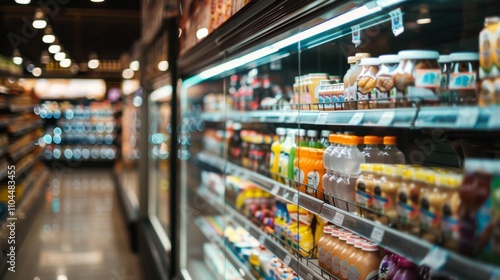 Supermarket aisle with beverages and products on shelves