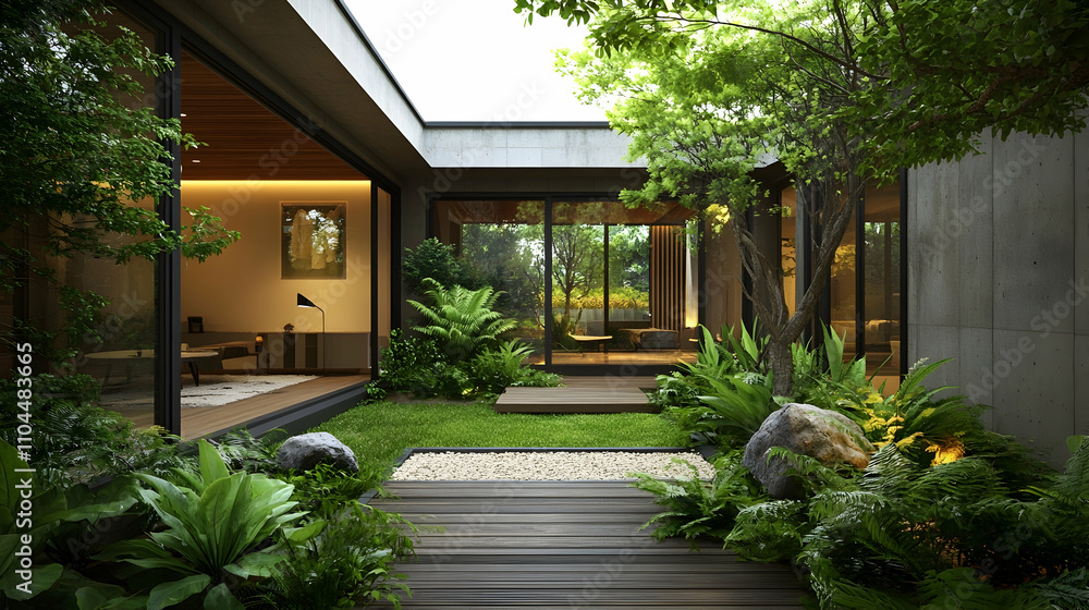 Modern house with a lush green courtyard and a wooden deck.4k image Modern house with a lush green courtyard and a wooden deck.4k image