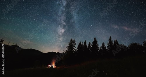 A group of friends sitting by a fire under the starry night sky with milky way galaxy Time lapse