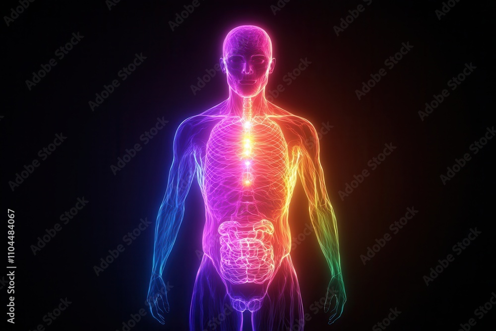 Peak energy capacity concept, A vibrant, neon representation of a human figure, highlighting anatomical features with colorful energy patterns against a dark background. Peak energy capacity concept, A vibrant, neon representation of a human figure, highlighting anatomical features with colorful energy patterns against a dark background.