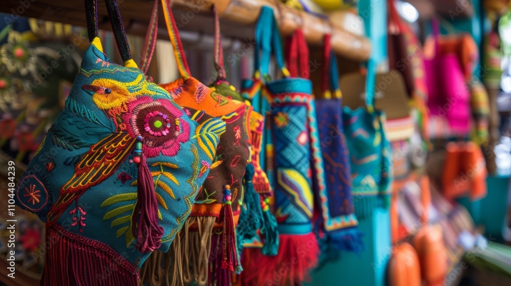 Fototapeta premium Vibrant handcrafted bags with colorful embroidery in a market