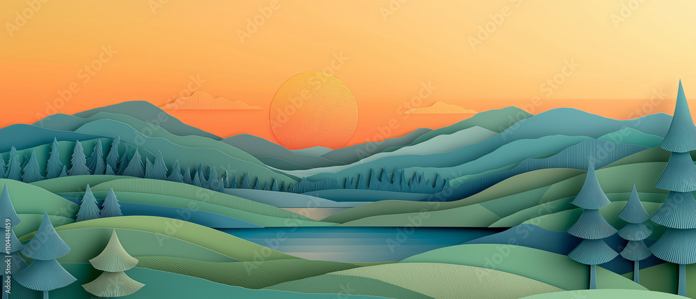 Obraz premium Illustration en papier découpé d'un paysage naturel au coucher du soleil
