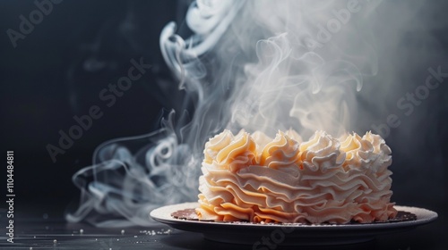 Decorative cake with steaming effect on dark background photo