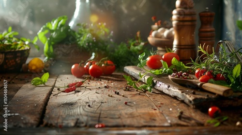 Rustic kitchen table with fresh vegetables and herbs photo