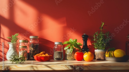 Kitchen counter with spices, herbs, and vegetables photo