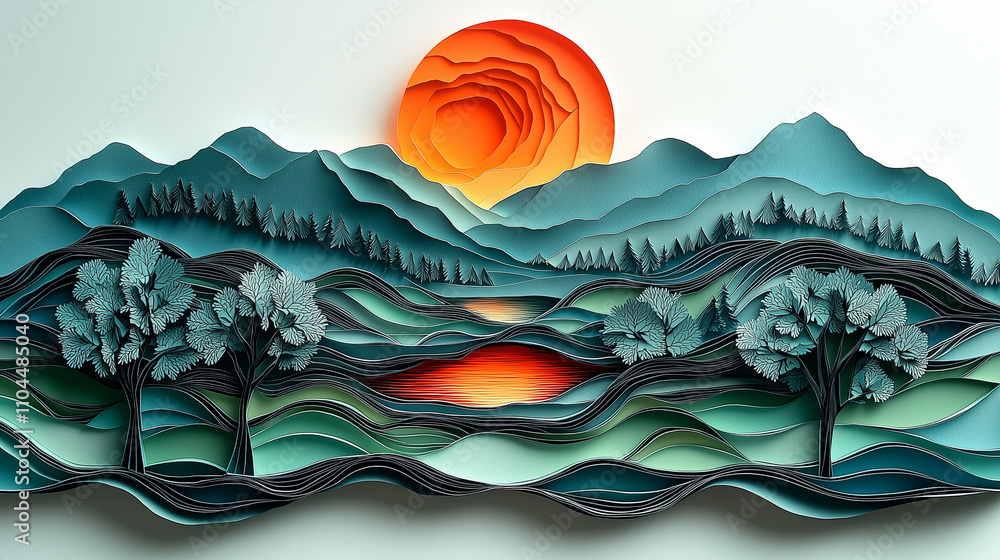 Illustration en papier découpé d'un paysage naturel au coucher du soleil Illustration en papier découpé d'un paysage naturel au coucher du soleil