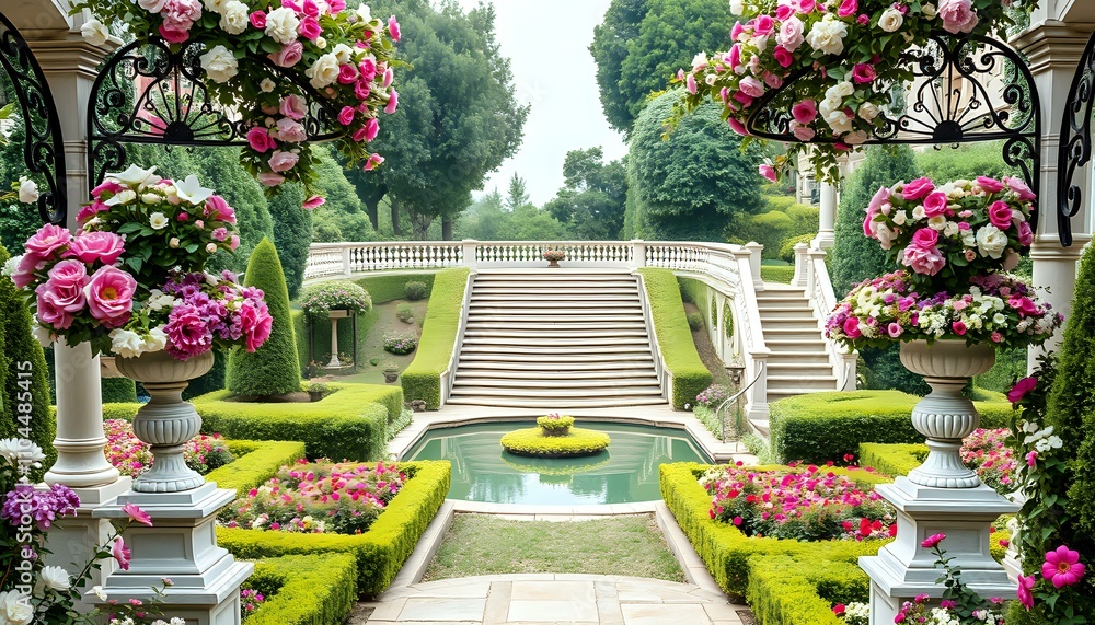 Fototapeta premium Baroque Garden with Pink Flowers, Pool, and Fountain