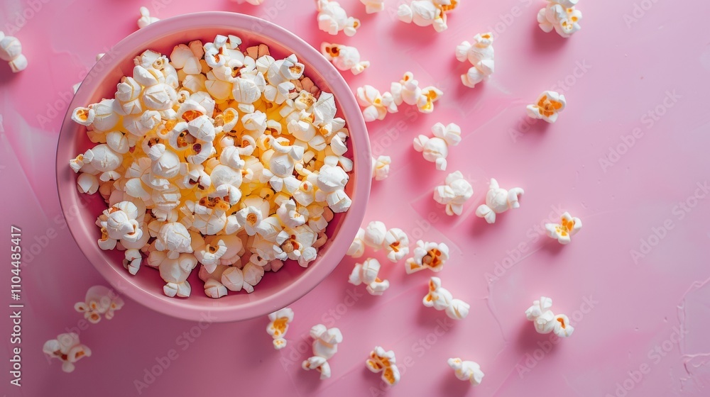 Bowl of popcorn scattered on pink background Bowl of popcorn scattered on pink background