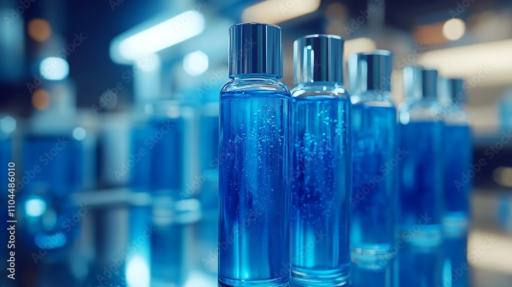 Close up of test tubes filled with blue liquid, Glass test tube filled background Close up of test tubes filled with blue liquid, Glass test tube filled background