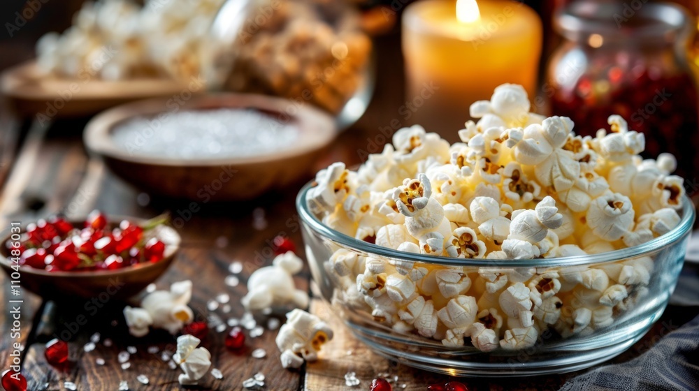 Bowl of popcorn with pomegranate seeds and rustic decor Bowl of popcorn with pomegranate seeds and rustic decor