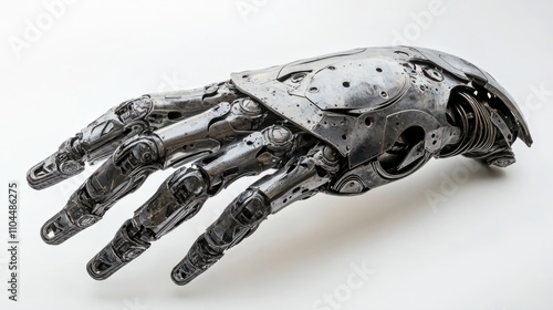 Metallic robot hand with intricate detailing, finger extended as if selecting an item, on a white backdrop