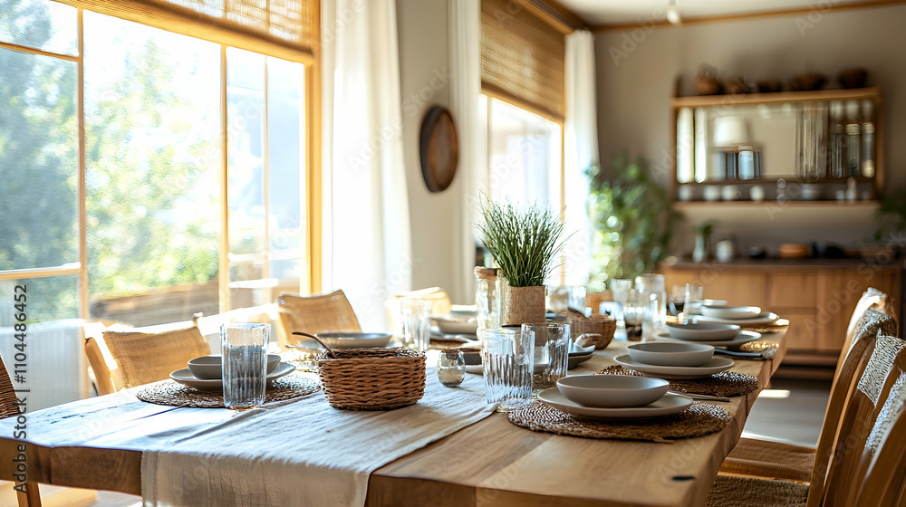 Rustic dining room setup with a wooden table, natural accents, and countryside-inspired styling.4k image Rustic dining room setup with a wooden table, natural accents, and countryside-inspired styling.4k image
