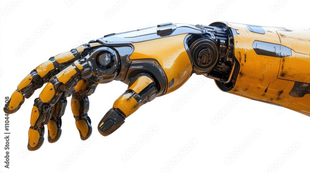 Robotic hand with smooth, glossy surfaces and flexible joints, finger extended as if interacting, isolated on white Robotic hand with smooth, glossy surfaces and flexible joints, finger extended as if interacting, isolated on white