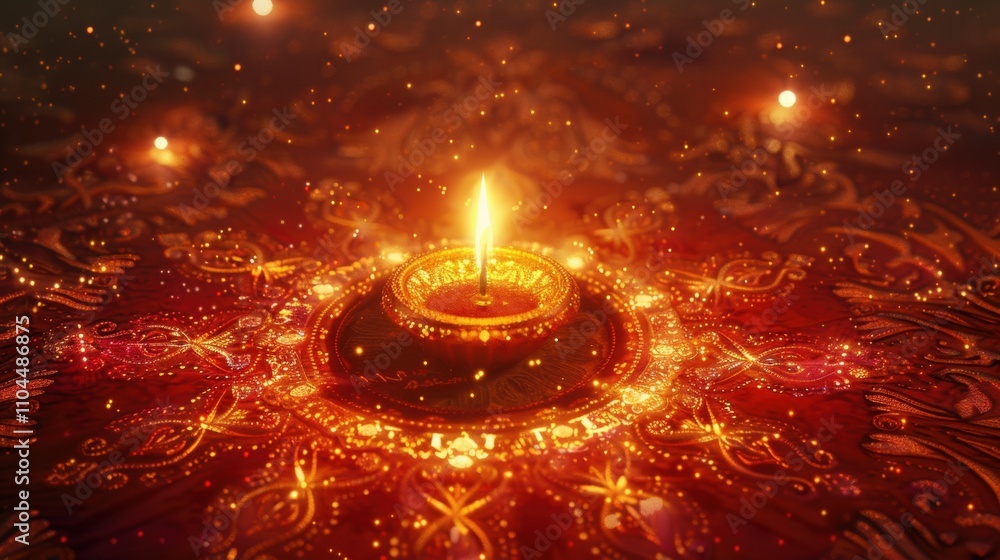 Decorative clay diya lamp with a glowing flame on a vibrant red background adorned with intricate golden patterns, celebrating the festive spirit of Diwali. Decorative clay diya lamp with a glowing flame on a vibrant red background adorned with intricate golden patterns, celebrating the festive spirit of Diwali.