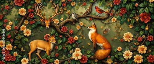 Art Nouveau Forest Animals on Vibrant Branch