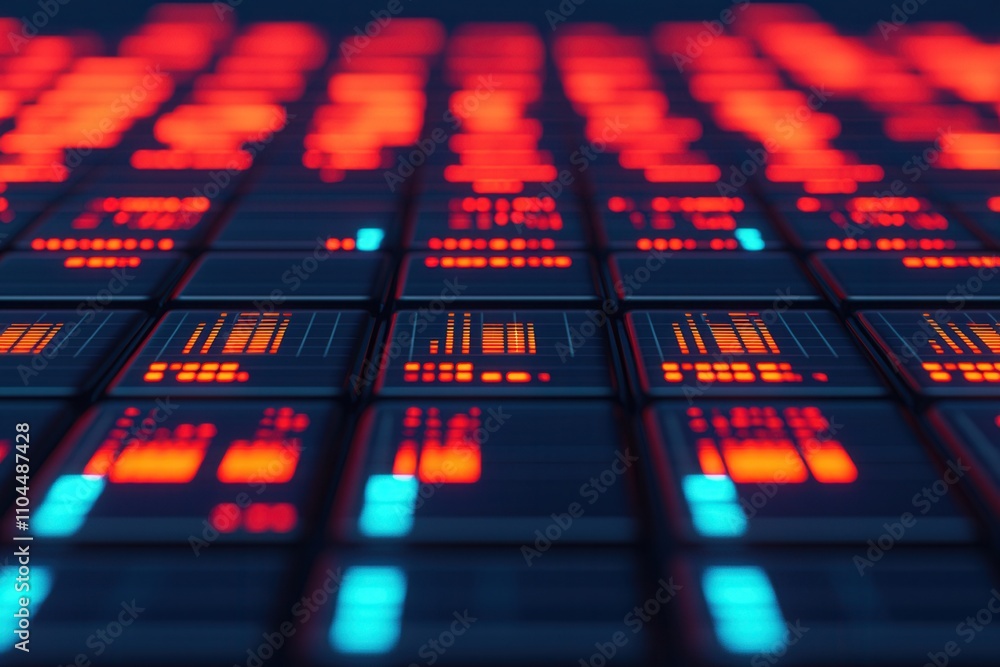 Peak energy capacity concept, A vibrant, abstract representation of digital data, featuring illuminated squares in red and blue hues against a dark background. Peak energy capacity concept, A vibrant, abstract representation of digital data, featuring illuminated squares in red and blue hues against a dark background.