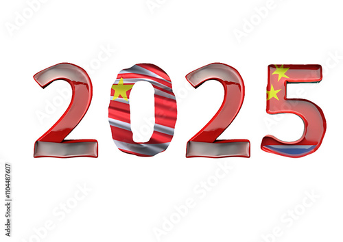Happy New Year 2025 China Flag lettering on transparent background