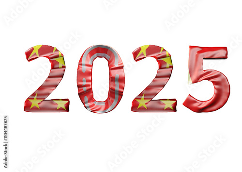 Happy New Year 2025 China Flag lettering on transparent background