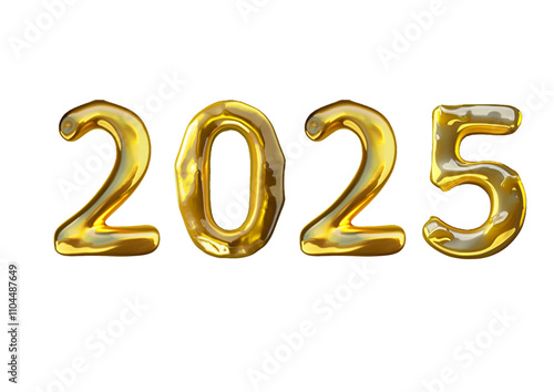 Happy New Year 2025 golden bubble lettering on transparent background