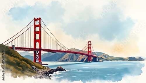 Stunning watercolor illustration of Golden Gate Bridge in San Francisco. Majestic view of iconic red bridge spanning bay. Peaceful scene with rolling hills, calm body of water. Ideal for travel
