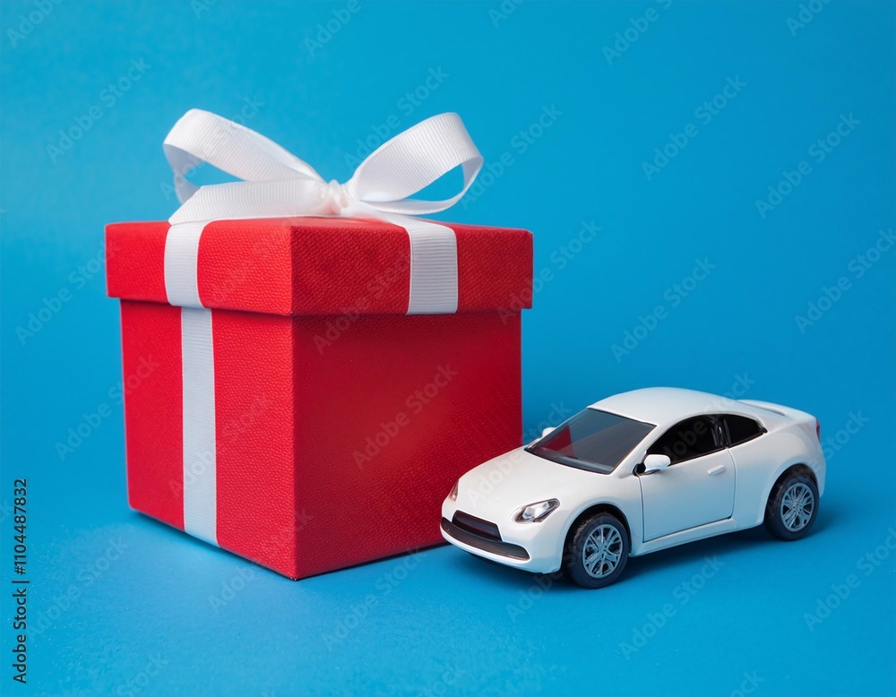 Concept of giving and receiving gifts, showing a close-up photo of a white toy car next to a red gift box Concept of giving and receiving gifts, showing a close-up photo of a white toy car next to a red gift box