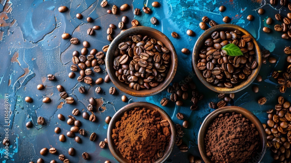 Coffee beans and ground coffee on a textured blue background Coffee beans and ground coffee on a textured blue background