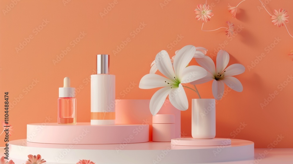 Cosmetic products and flowers on orange background Cosmetic products and flowers on orange background