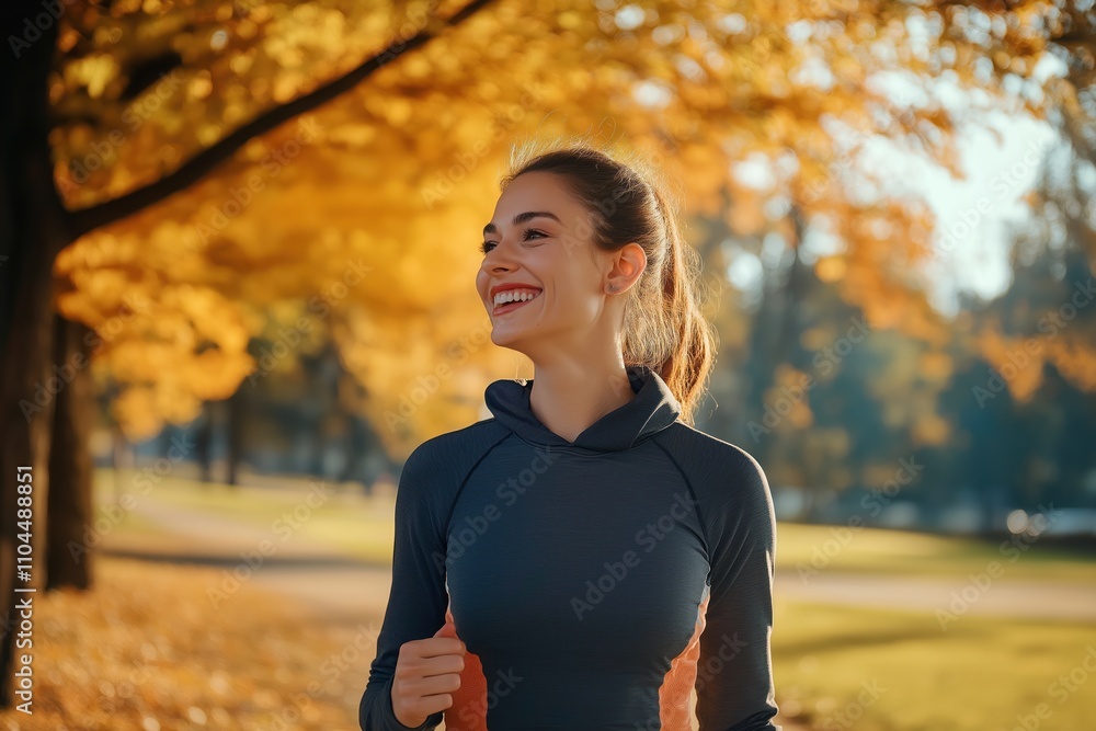 Happy woman jogging in autumn park. Enjoying nature. Active lifestyle. Healthy habits. Woman runner with happy expression. Autumn scenery. Beautiful fall day. Outdoors activity. Recreation. Sporty Happy woman jogging in autumn park. Enjoying nature. Active lifestyle. Healthy habits. Woman runner with happy expression. Autumn scenery. Beautiful fall day. Outdoors activity. Recreation. Sporty