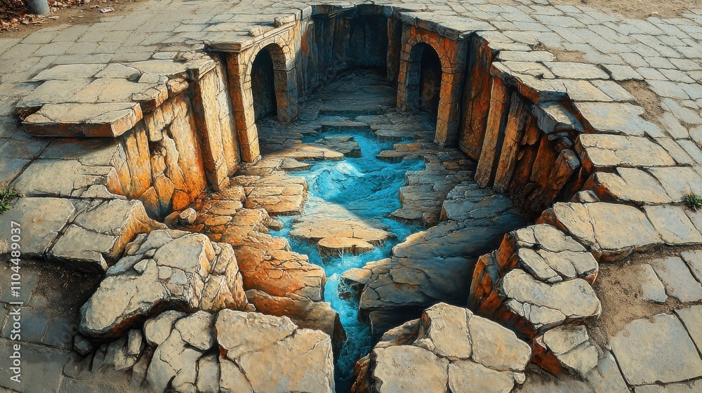 Obraz premium 3D street art illusion of a deep chasm, revealing a vibrant blue water flow, expertly blending art with urban landscape.