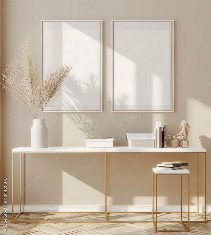 Two empty picture frames hanging on a beige wall next to a window with a wicker basket. fluffy pampas grass. coffee mug. and books on two gold-legged side tables in a cozy living room Two empty picture frames hanging on a beige wall next to a window with a wicker basket. fluffy pampas grass. coffee mug. and books on two gold-legged side tables in a cozy living room