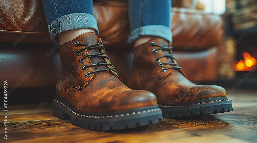 Brown leather boots with thick soles in front of a fireplace. AI-generated Brown leather boots with thick soles in front of a fireplace. AI-generated