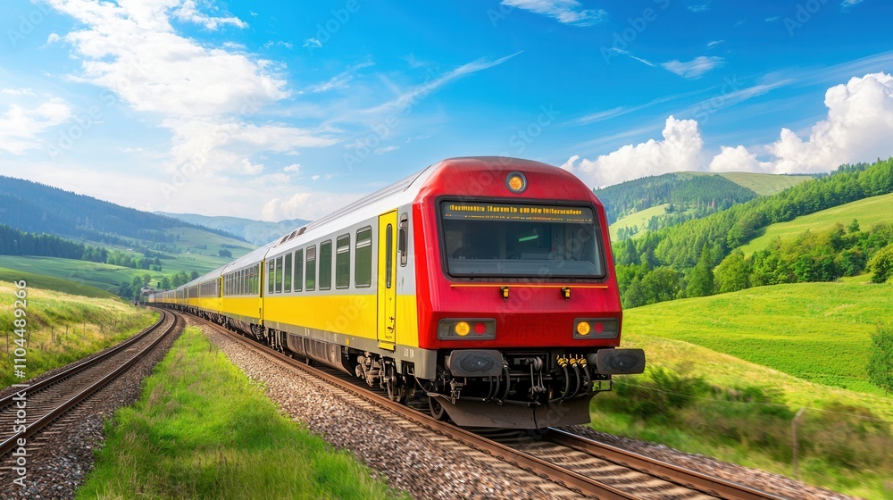 Peak energy capacity concept, A vibrant train travels through lush green landscapes under a bright blue sky, showcasing the beauty of nature and railway travel. Peak energy capacity concept, A vibrant train travels through lush green landscapes under a bright blue sky, showcasing the beauty of nature and railway travel.
