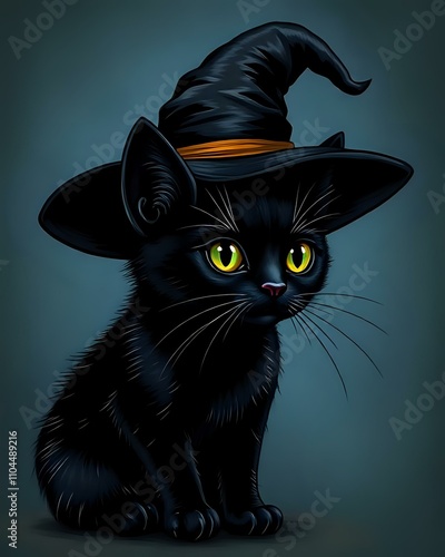 dessin d'un petit chat noir qui porte un chapeau pour Halloween