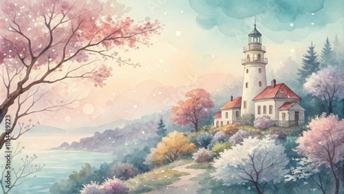 Enchanting spring landscape with lighthouse and blossoming trees in serene pastel colors