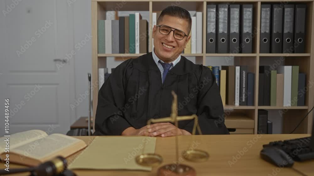 Young hispanic man in a judge's robe sitting in an office with legal books and scales on a wooden desk Young hispanic man in a judge's robe sitting in an office with legal books and scales on a wooden desk