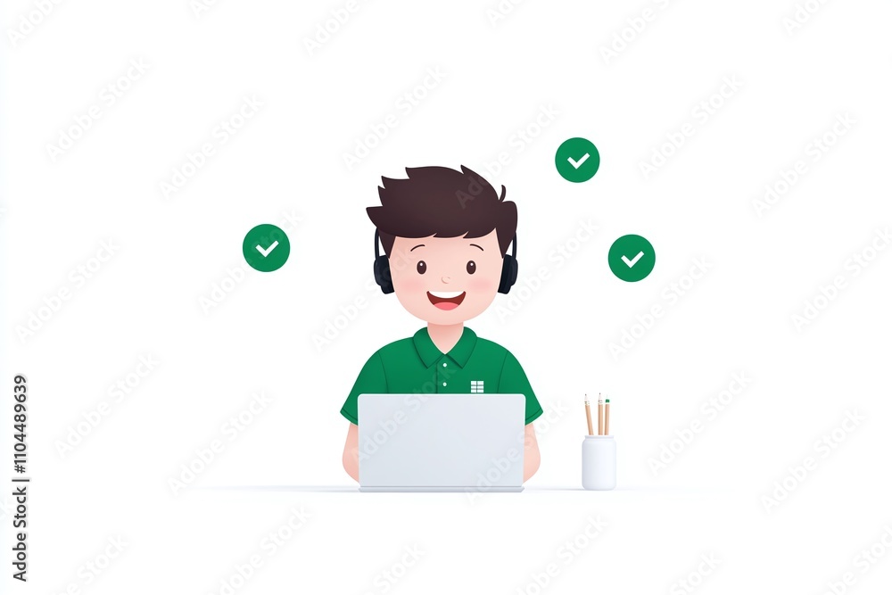 Male freelancer working on laptop, man with headphones and casual outfit, minimalist illustration of remote work, clean and simple design for digital workplace concepts, isolated on white, productivit Male freelancer working on laptop, man with headphones and casual outfit, minimalist illustration of remote work, clean and simple design for digital workplace concepts, isolated on white, productivit