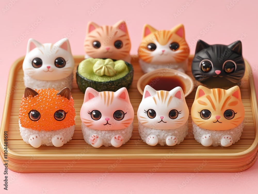Cute cat-themed sushi figurines arranged on a wooden tray. Cute cat-themed sushi figurines arranged on a wooden tray.